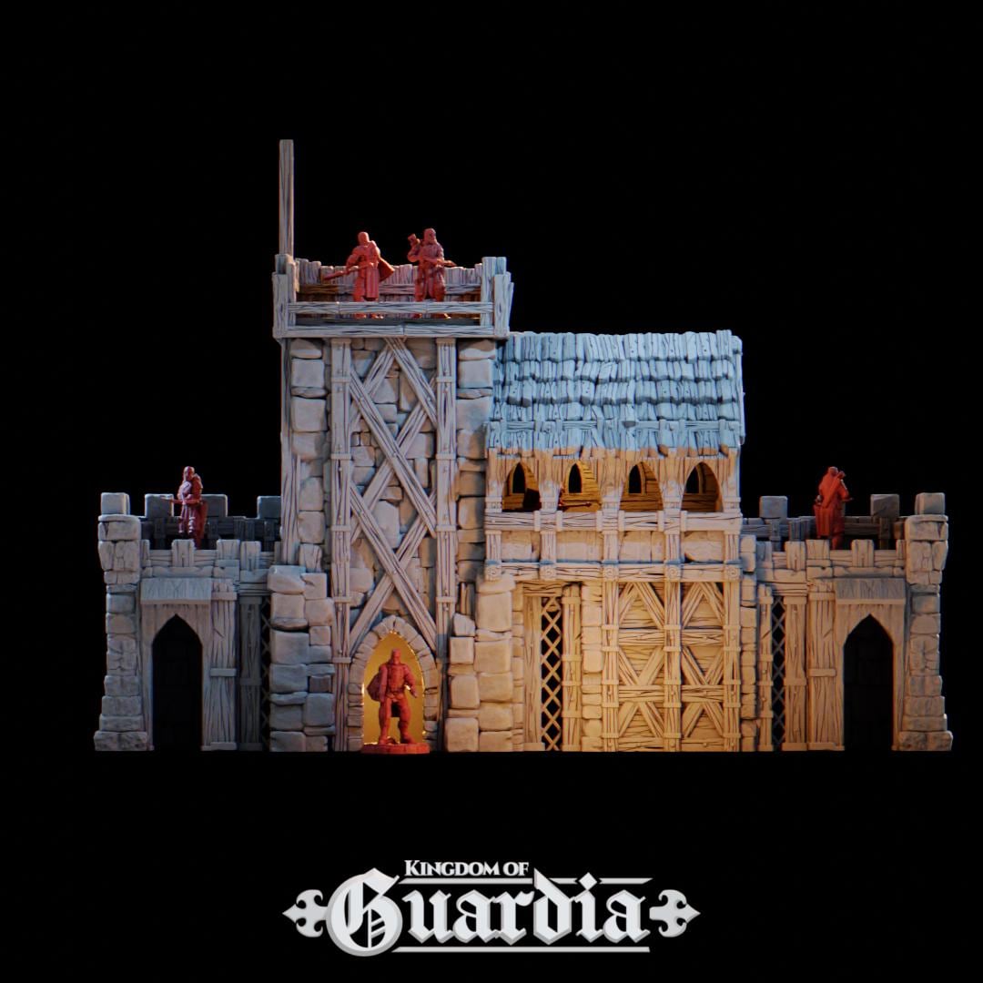 The Defensive Post rises from the battlefield as a fortified medieval bastion. Stone walls, timber reinforcements, and towering battlements dominate the field, with guards poised on high platforms and archers ready at every arrow slit. From the compact Small Post to the massive Full Post with dual towers and a roofed hall, each configuration tells a story of siege, defiance, and heroism.