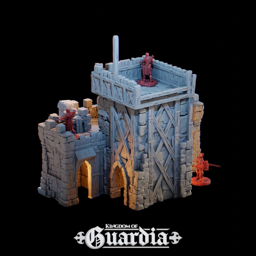 The Defensive Post rises from the battlefield as a fortified medieval bastion. Stone walls, timber reinforcements, and towering battlements dominate the field, with guards poised on high platforms and archers ready at every arrow slit. From the compact Small Post to the massive Full Post with dual towers and a roofed hall, each configuration tells a story of siege, defiance, and heroism.