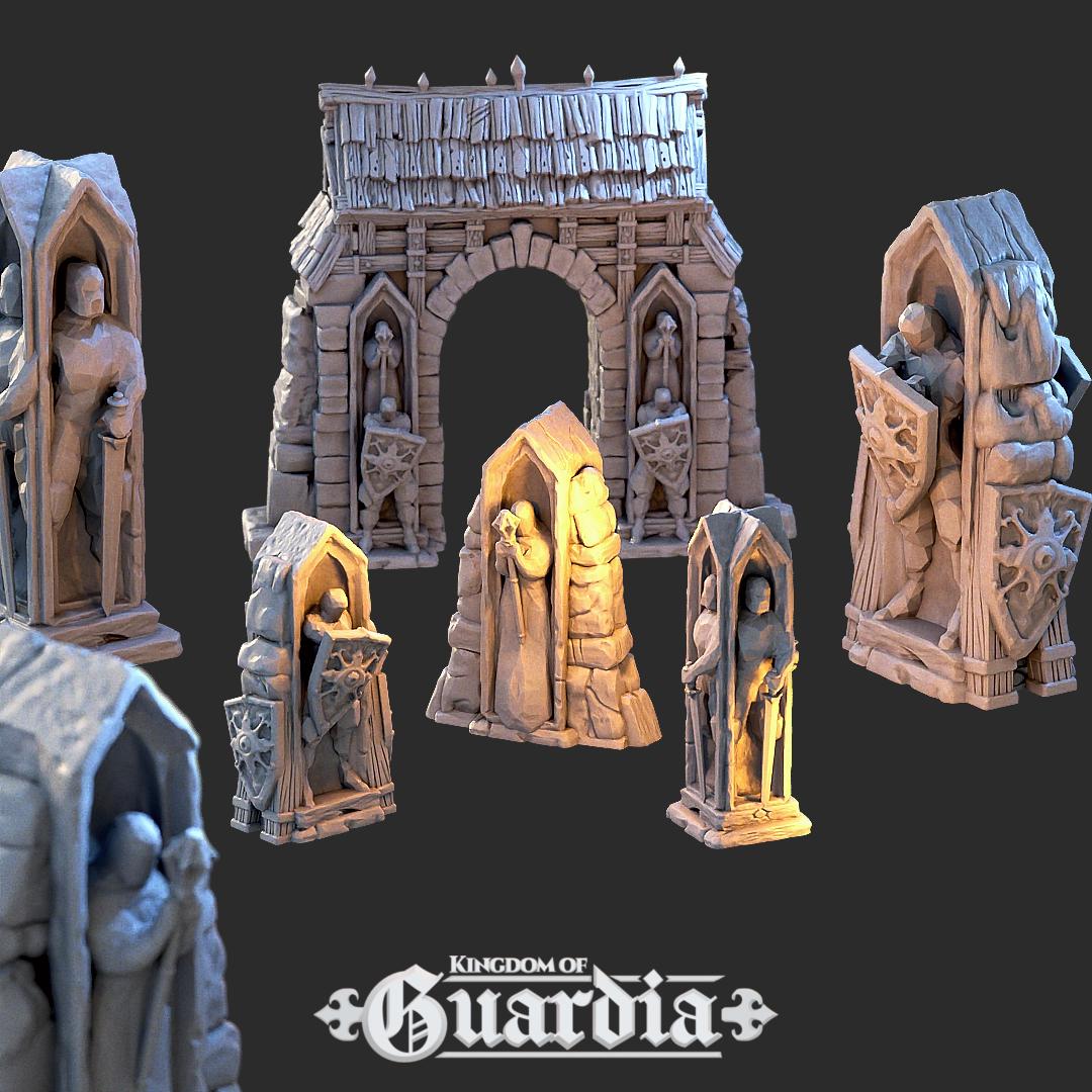 Shrine Set and Stone Portal: Medieval Fantasy Archway Terrain Standard Tabletop Terrain, Gaming, Kingdom of Guardia