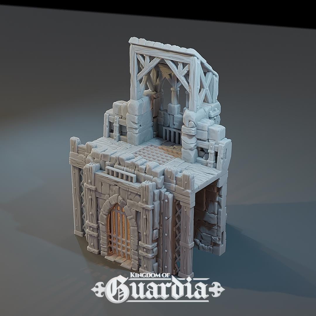 A stone fortress gate with a heavy portcullis, wooden reinforcements, and two styles of construction: a covered battlement roof for defenders to rain arrows from above, or an open-top version perfect as a versatile town or village entrance. Designed to fit seamlessly with the Guardia Wall System or stand proudly on its own.