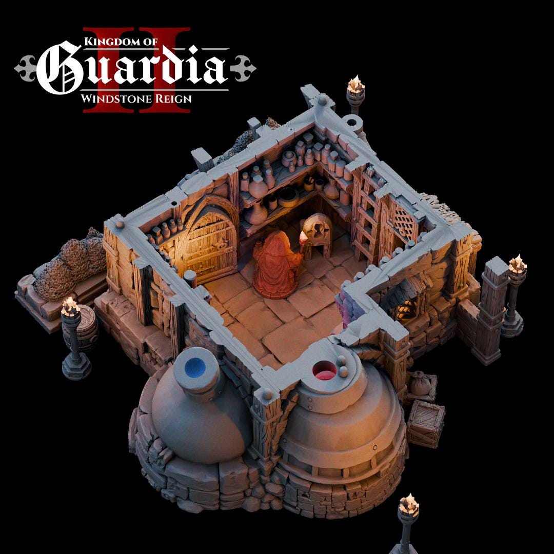The Alchemist Hut stands on sturdy stone walls, crowned with a timber roof and smoking chimneys. Strange vats bubble along the sides, hinting at experiments within. Inside, shelves overflow with bottles, scrolls, and arcane devices. The upper loft reveals a bed and storage chest, showing the human side of a mysterious figure who lives surrounded by potions and secrets. Every level opens up, inviting dramatic encounters and alchemical mischief.