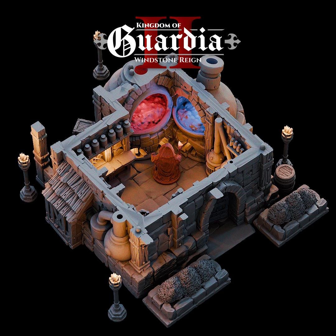 The Alchemist Hut stands on sturdy stone walls, crowned with a timber roof and smoking chimneys. Strange vats bubble along the sides, hinting at experiments within. Inside, shelves overflow with bottles, scrolls, and arcane devices. The upper loft reveals a bed and storage chest, showing the human side of a mysterious figure who lives surrounded by potions and secrets. Every level opens up, inviting dramatic encounters and alchemical mischief.