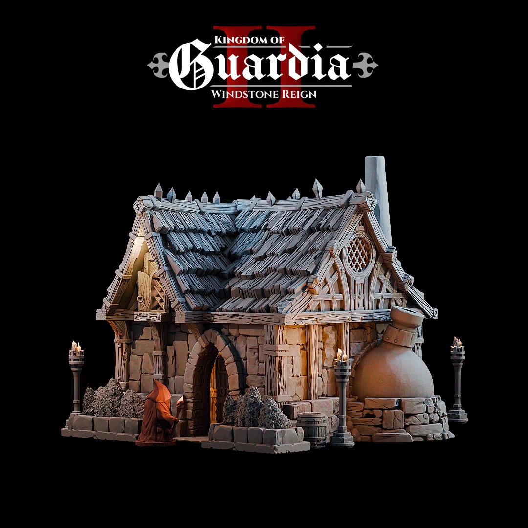 The Alchemist Hut stands on sturdy stone walls, crowned with a timber roof and smoking chimneys. Strange vats bubble along the sides, hinting at experiments within. Inside, shelves overflow with bottles, scrolls, and arcane devices. The upper loft reveals a bed and storage chest, showing the human side of a mysterious figure who lives surrounded by potions and secrets. Every level opens up, inviting dramatic encounters and alchemical mischief.