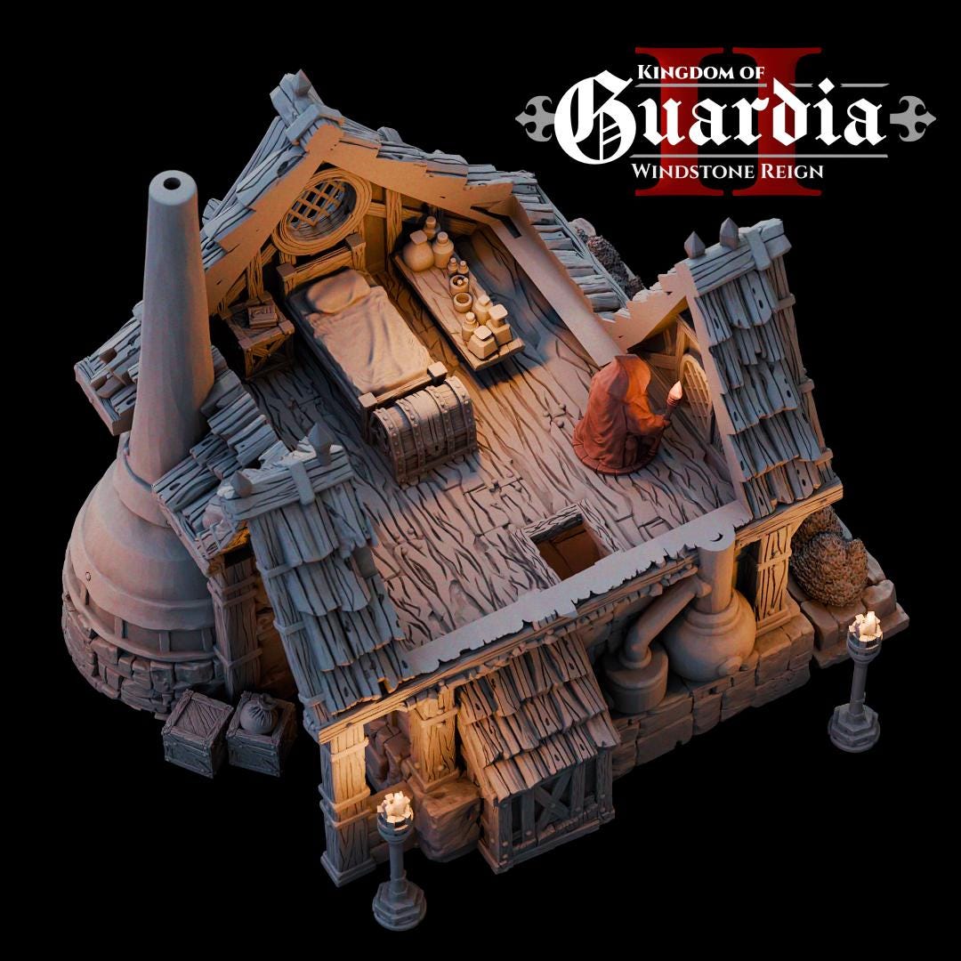 The Alchemist Hut stands on sturdy stone walls, crowned with a timber roof and smoking chimneys. Strange vats bubble along the sides, hinting at experiments within. Inside, shelves overflow with bottles, scrolls, and arcane devices. The upper loft reveals a bed and storage chest, showing the human side of a mysterious figure who lives surrounded by potions and secrets. Every level opens up, inviting dramatic encounters and alchemical mischief.