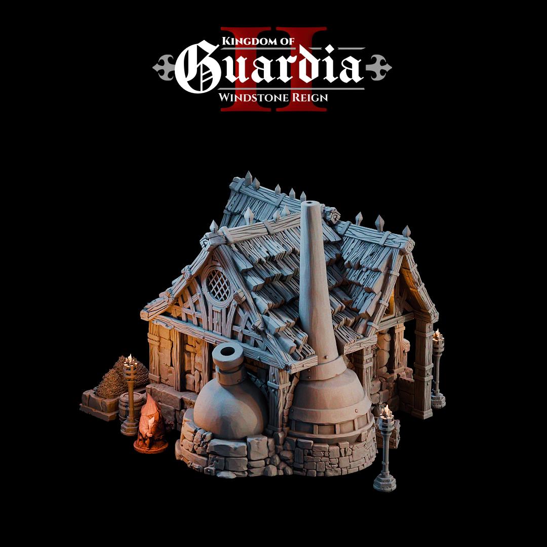 The Alchemist Hut stands on sturdy stone walls, crowned with a timber roof and smoking chimneys. Strange vats bubble along the sides, hinting at experiments within. Inside, shelves overflow with bottles, scrolls, and arcane devices. The upper loft reveals a bed and storage chest, showing the human side of a mysterious figure who lives surrounded by potions and secrets. Every level opens up, inviting dramatic encounters and alchemical mischief.