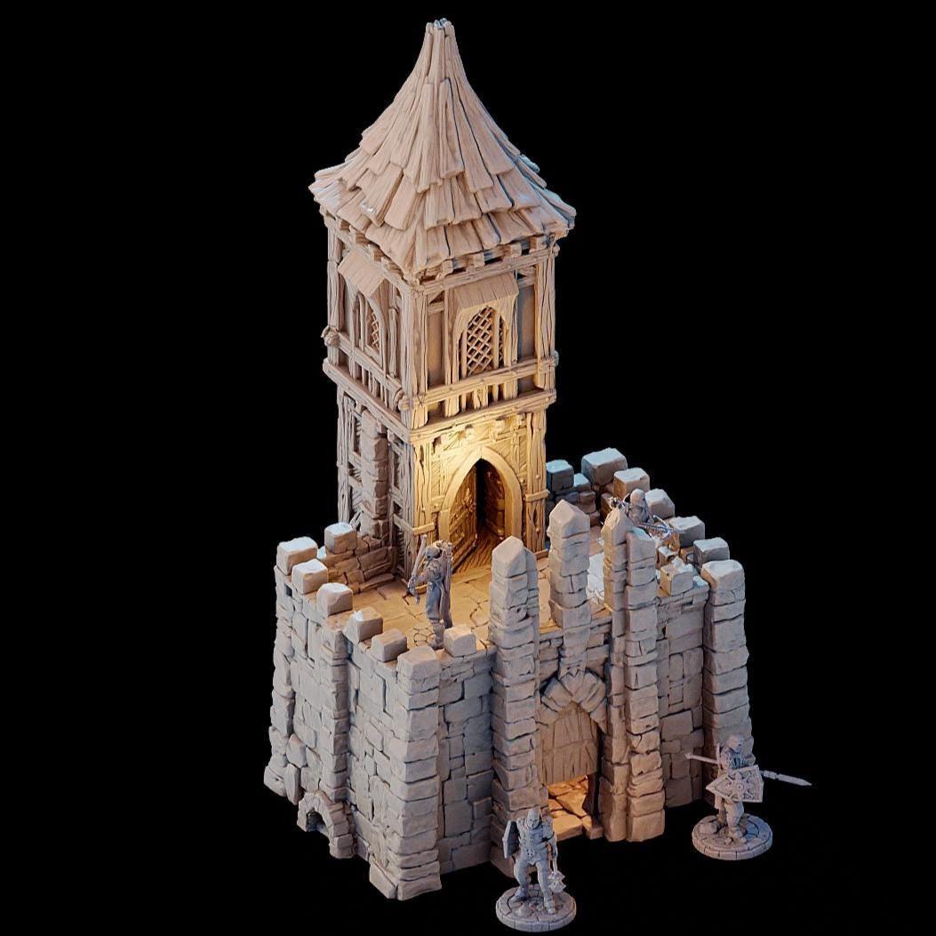 The Tinker Shop & Town Jail rises in stone and timber, its tower climbing high above the battlements. A fortified gatehouse hides barred cells below, while the upper levels reveal a craftsman’s workshop brimming with mechanical detail. The removable roof and stacked floors open the structure for skirmishes, jailbreaks, and daring rooftop showdowns.