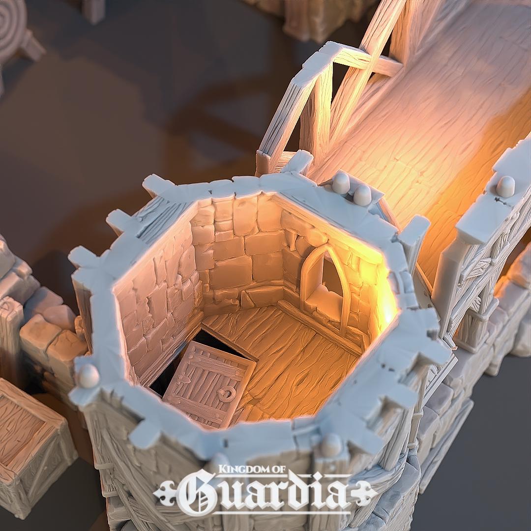 The Archery School – The Butts Compound rises with fortified stone walls, timber bridges, and training yards. The courtyard features archery targets, while towers and walkways provide elevated positions. Lit interiors and removable roofs make it fully playable, perfect for training encounters or dramatic battles.