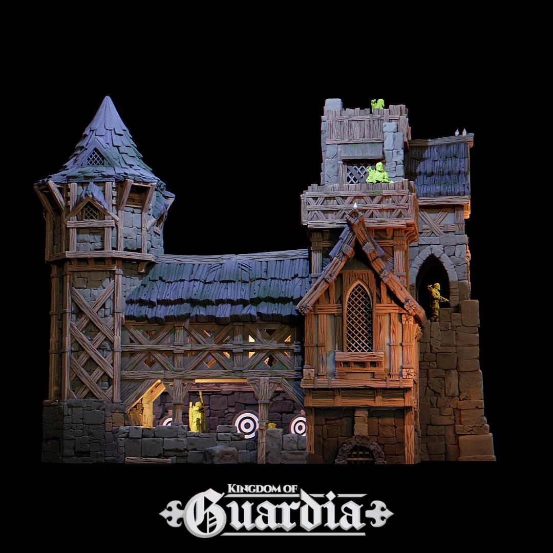 The Archery School – The Butts Compound rises with fortified stone walls, timber bridges, and training yards. The courtyard features archery targets, while towers and walkways provide elevated positions. Lit interiors and removable roofs make it fully playable, perfect for training encounters or dramatic battles.