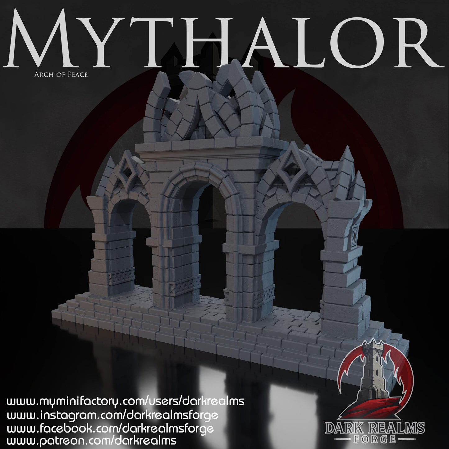 A 3D printed, unpainted gray PLA Arch of Peace rises in full 28 mm scale on a 1-inch grid, built as one solid monument for DnD / Pathfinder / wargaming. The piece stands 7 inches wide and 6 inches tall, with three carved arches and a fractured spire crown stacked above them. Its stone blocks and tiled base read clearly before paint, giving the structure the presence of an ancient Mythalor landmark.