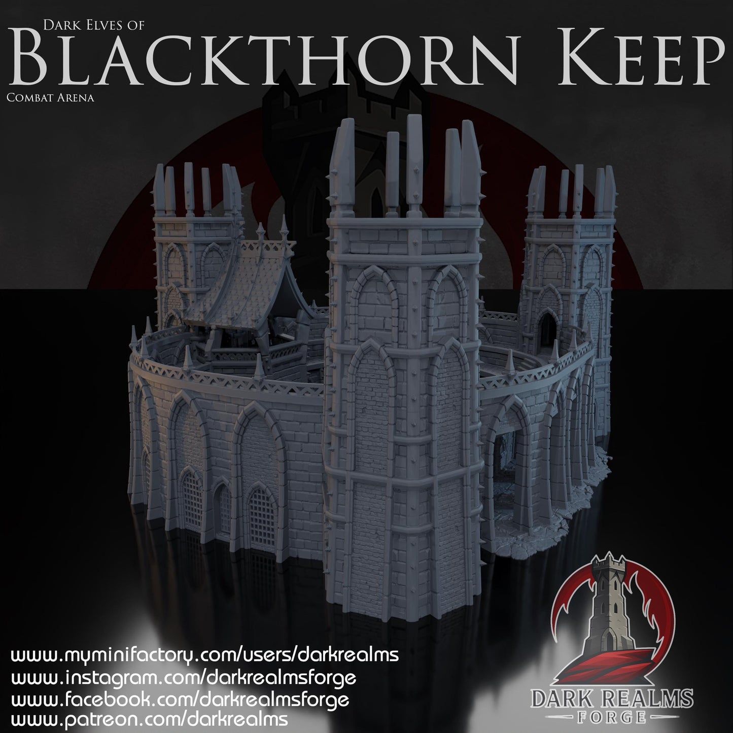This 3D printed combat arena rises in unpainted gray PLA, shaped for 28 mm tabletop terrain and built with tall towers, narrow arches, and ribbed stone walls. The structure forms a full ring around a central pit, matching the look of grim Dark Elf architecture without adding anything beyond what’s visible. Designed for DnD / Pathfinder / wargaming on a 1-inch grid, the heavy stone blocks and sharp battlements give it a fortified presence before paint ever touches it.