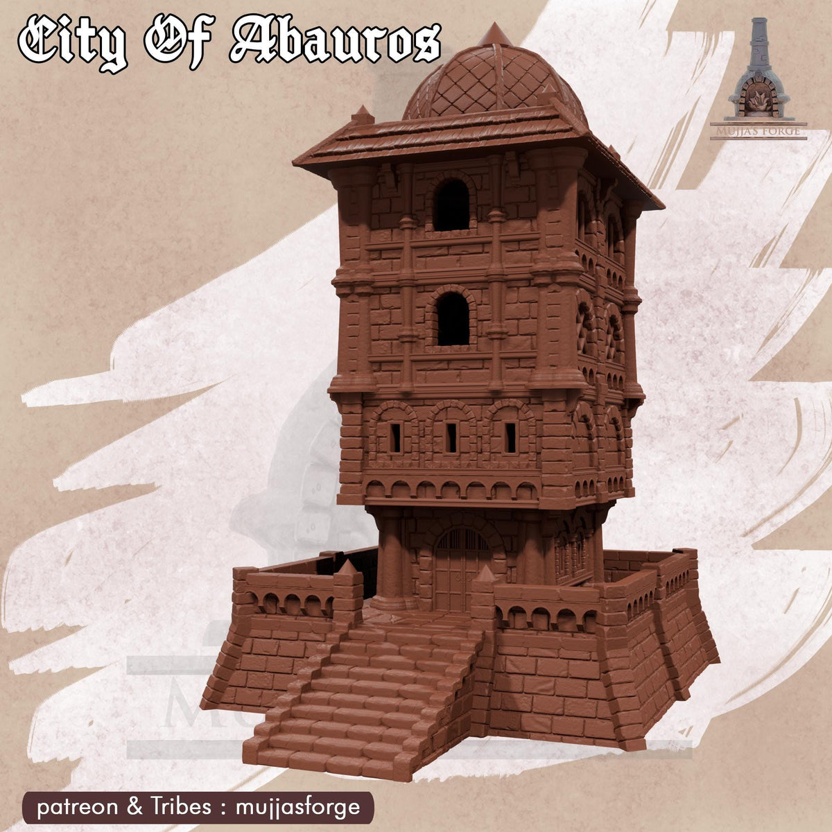 A towering 28 mm structure rises above the tabletop terrain, rendered in unpainted gray PLA with layered stone textures and open-arch windows. Its domed roof and fortified base establish it as a commanding Skywatch point for DnD, Pathfinder, or wargaming encounters. Stacked floors and a wide stair approach sit cleanly on a 1-inch grid, giving the piece clear purpose and striking vertical presence.