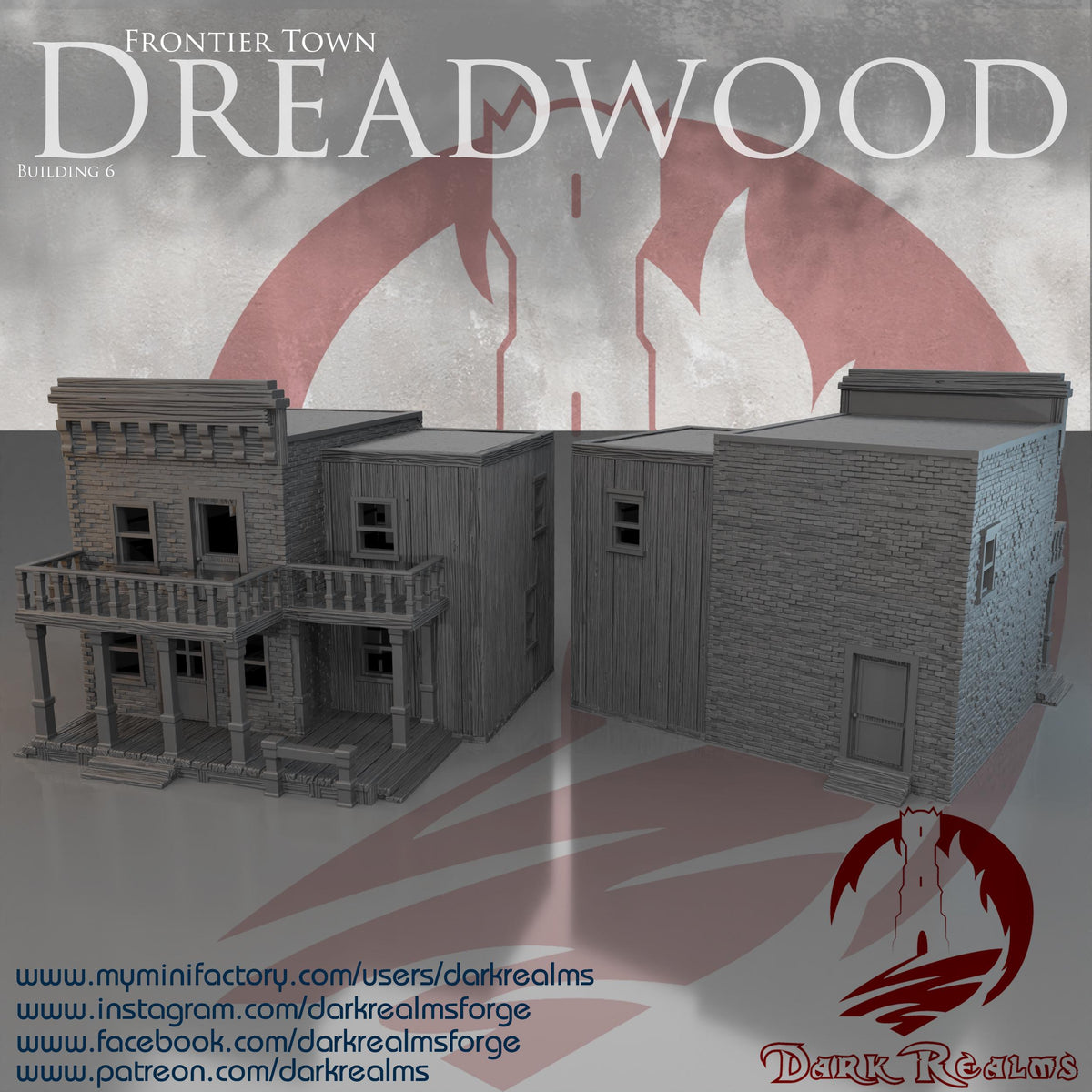 A 3D printed, unpainted gray PLA general store stands in true 28 mm scale on a 1-inch grid, designed for DnD / Pathfinder / wargaming. The stone-front façade, upper balcony, and wide porch capture the feel of a bustling frontier shop. Behind it, a solid rear extension expands the footprint, making the structure read like a full-service store with its own storage block. It brings authentic old west texture straight to the tabletop.