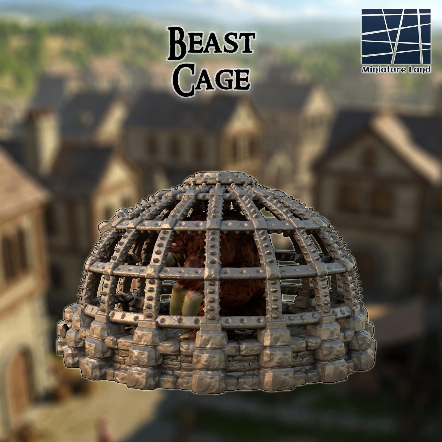 A 3D printed, unpainted gray PLA beast cage sits in full 28 mm scale on a 1-inch grid, built as rugged tabletop terrain for DnD / Pathfinder / wargaming. The dome of riveted metal bars locks onto a stone-block base, forming a heavy containment structure. The removable top and door section make placing miniatures simple. Its textures read clearly before paint, giving the piece an immediate sense of danger and story.