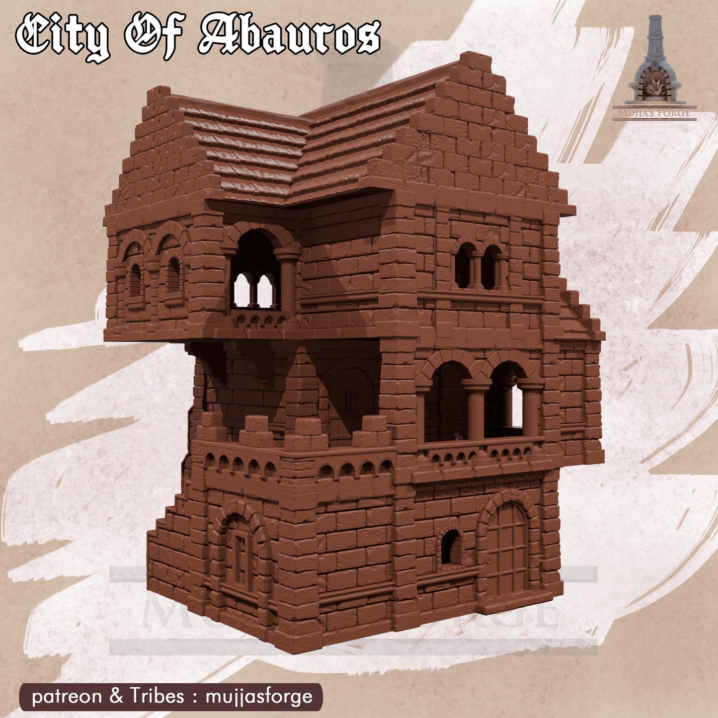 This 3D printed Magistrate’s House rises in unpainted gray PLA, built in a 28 mm scale for tabletop terrain across DnD, Pathfinder, and wargaming scenarios. The structure shows stacked stone walls, arched windows, and a balcony overlooking the 1-inch grid below. Its layered floors and exterior stairway create natural elevation and tight interior spaces for encounters. The design captures the civic architecture of Abauros without adding anything beyond what’s visible.