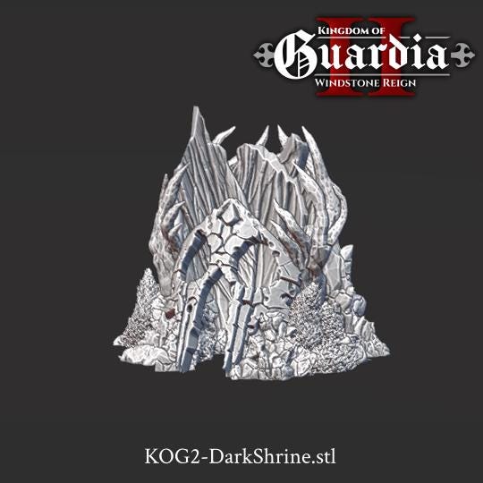 Jagged rock spires rise behind a cracked stone archway, while claw-like formations frame the entrance and textured stonework spreads across the integrated rocky base. The sculpted vertical elements create a towering silhouette ideal for ritual encounters or final boss confrontations. Built as a centerpiece structure, it anchors any fantasy battlefield with imposing height and presence.
