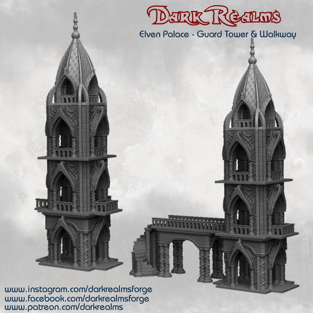 Elven Guard Tower & Walkway, Dungeons and Dragons Tower, Warhammer, Dark Realms, citrine tower, 15mm Scale