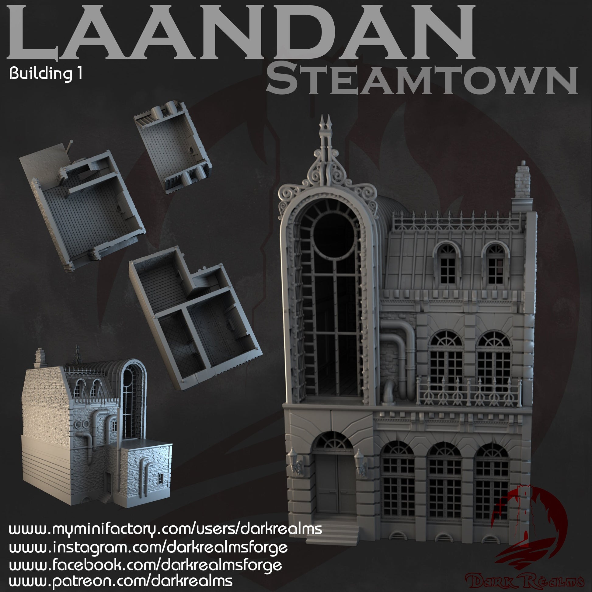steampunk, modern, industrial terrain, post apocalyptic, warhammer, Tabletop Terrain, Tabletop games, wargaming, table top, terrain, Steampunk Laandan, Long building, Victorian Terrain, modular building, modular terrain