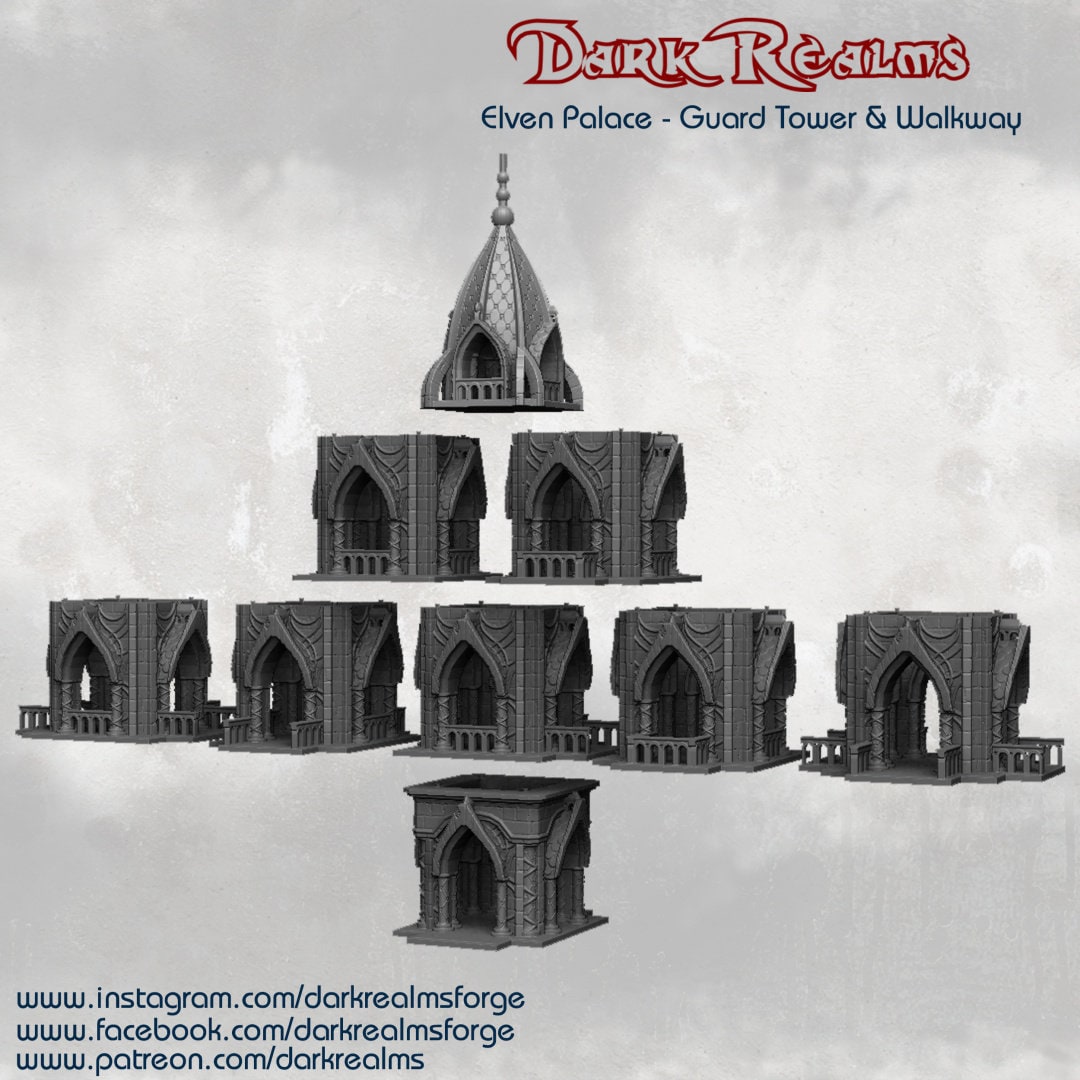 Elven Guard Tower & Walkway, Dungeons and Dragons Tower, Warhammer, Dark Realms, citrine tower, 15mm Scale