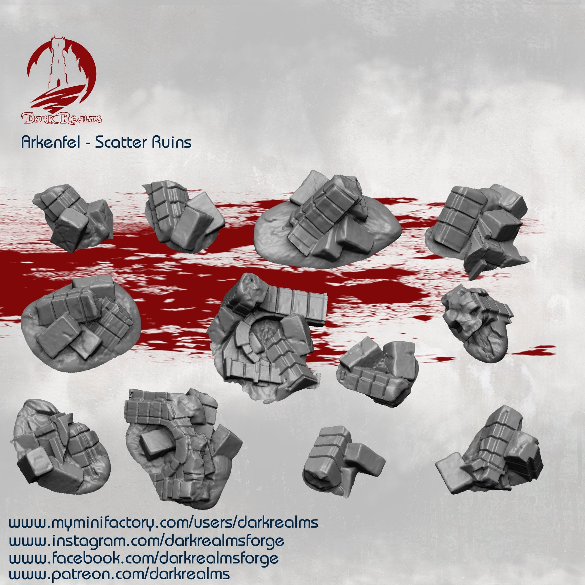 Ruins, Scatter Ruins, Rubble, Arkenfel, Osgiliath, Gondor, Lord of the Rings, LOTR, Dungeons and Dragons, Tolkien, Fantasy, Ruined, stone ruins, ruins terrain, ruin terrain, tabletop ruins, ruined building, Ruin, Columns, Wargaming, Curse of Strahd