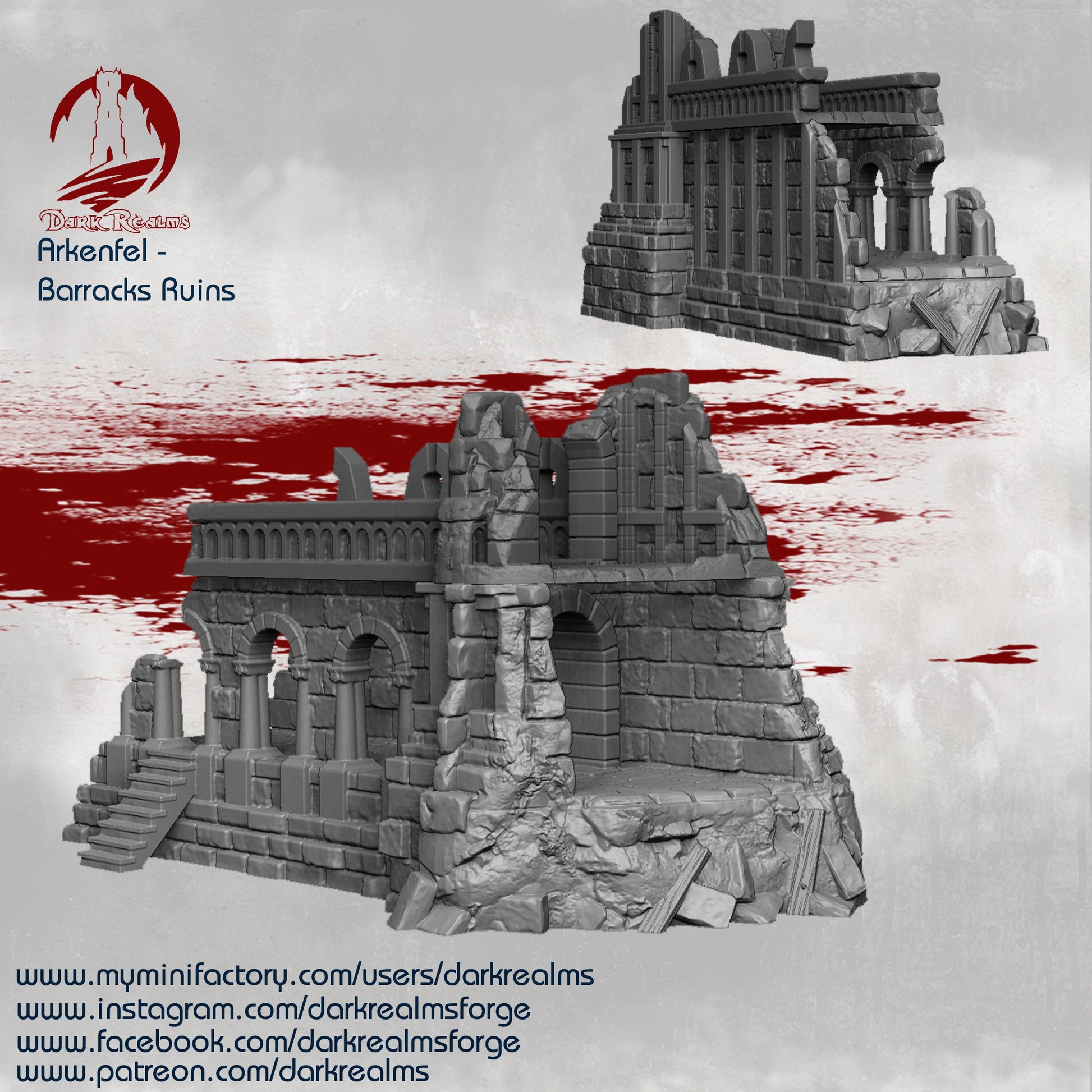 Tabletop Ruins, Barracks Ruin, Ruins, Dungeons and Dragons, Tabletop Terrain, RPG, WarGame, warhammer terrain, warhammer, Dnd, 28mm, 32mm, role playing, Tabletop, Barracks, Dark Realms 28mm, Miniature, Grey, Plastic, Toy, Playset, TabletopGaming
