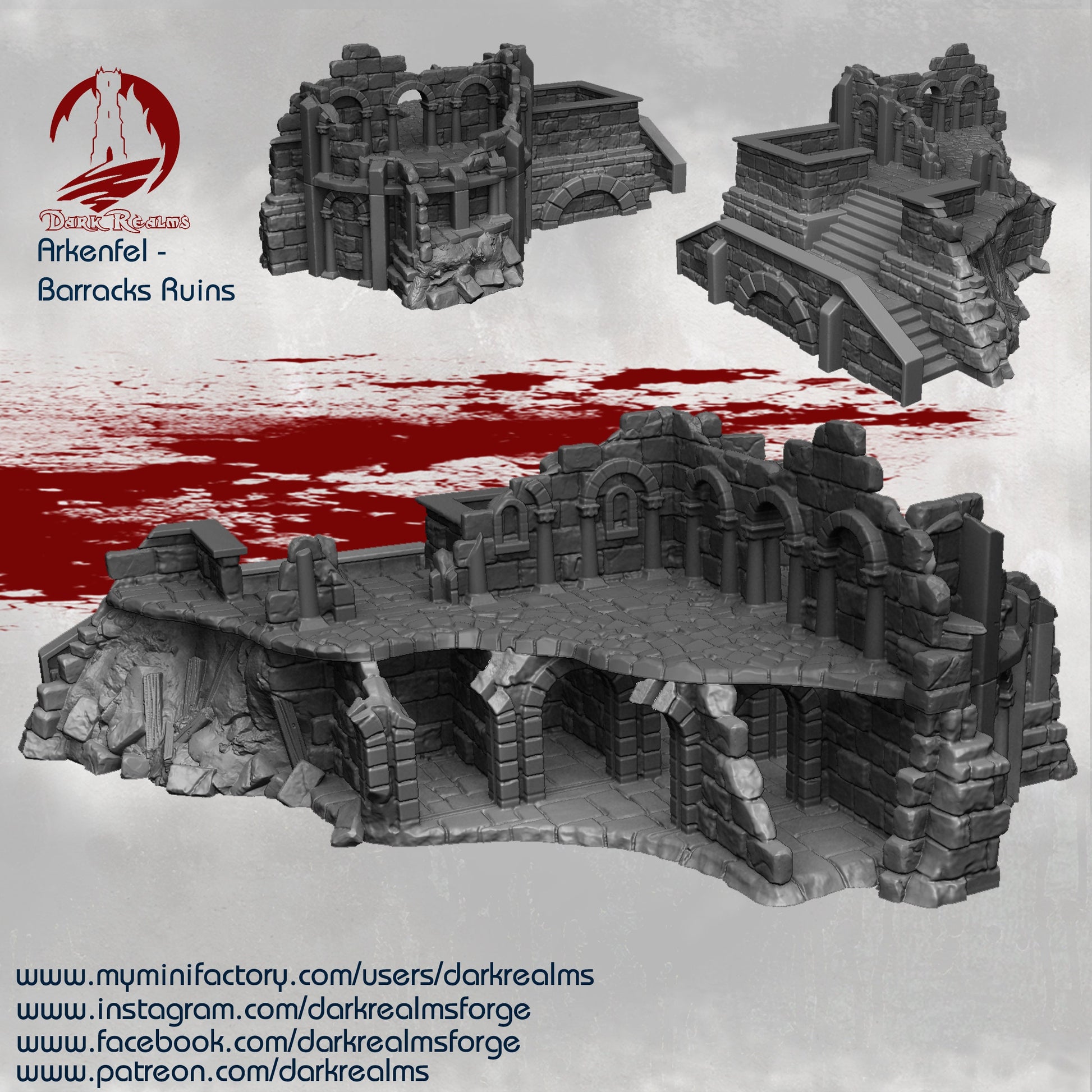 Tabletop Ruins, Barracks Ruin, Ruins, Dungeons and Dragons, Tabletop Terrain, RPG, WarGame, warhammer terrain, warhammer, Dnd, 28mm, 32mm, role playing, Tabletop, Barracks, Dark Realms 28mm, Miniature, Grey, Plastic, Toy, Playset, TabletopGaming