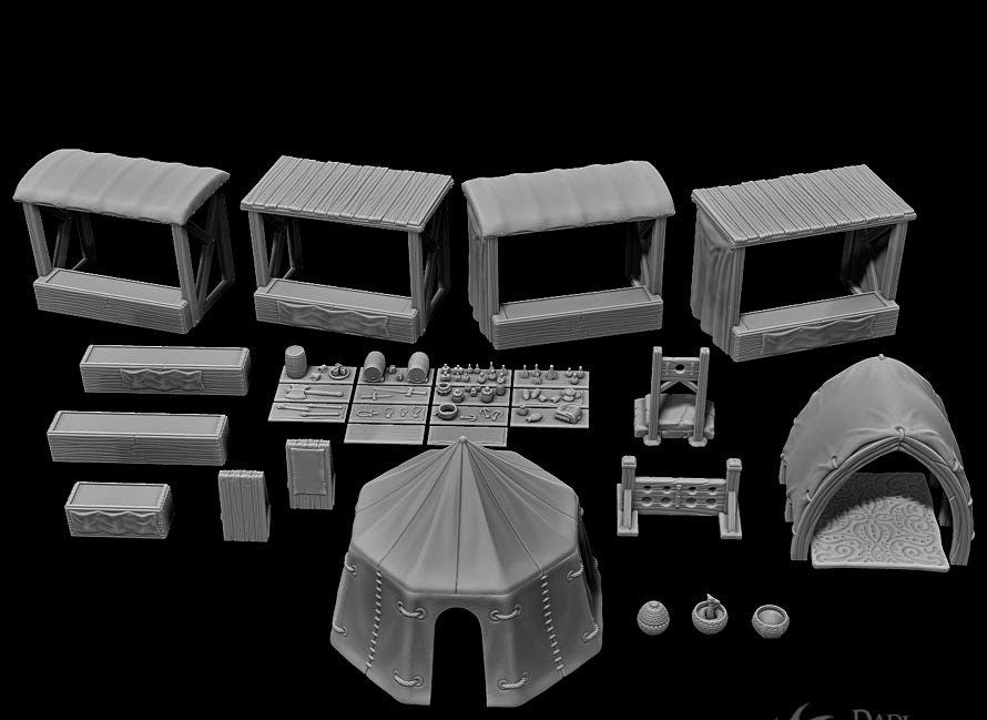 Fersia Street Market - 28mm Scale- - Dungeons and Dragons - 28mm Terrain - terrain - Market - Street Fair - Bazaar