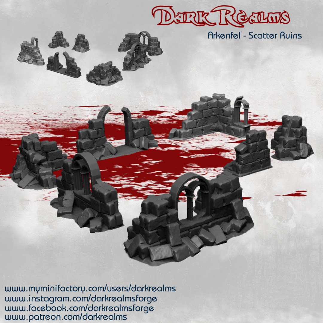 Ruins, Scatter Ruins, Rubble, Arkenfel, Osgiliath, Gondor, Lord of the Rings, LOTR, Dungeons and Dragons, Tolkien, Fantasy, Ruined, stone ruins, ruins terrain, ruin terrain, tabletop ruins, ruined building, Ruin, Columns, Wargaming, Curse of Strahd