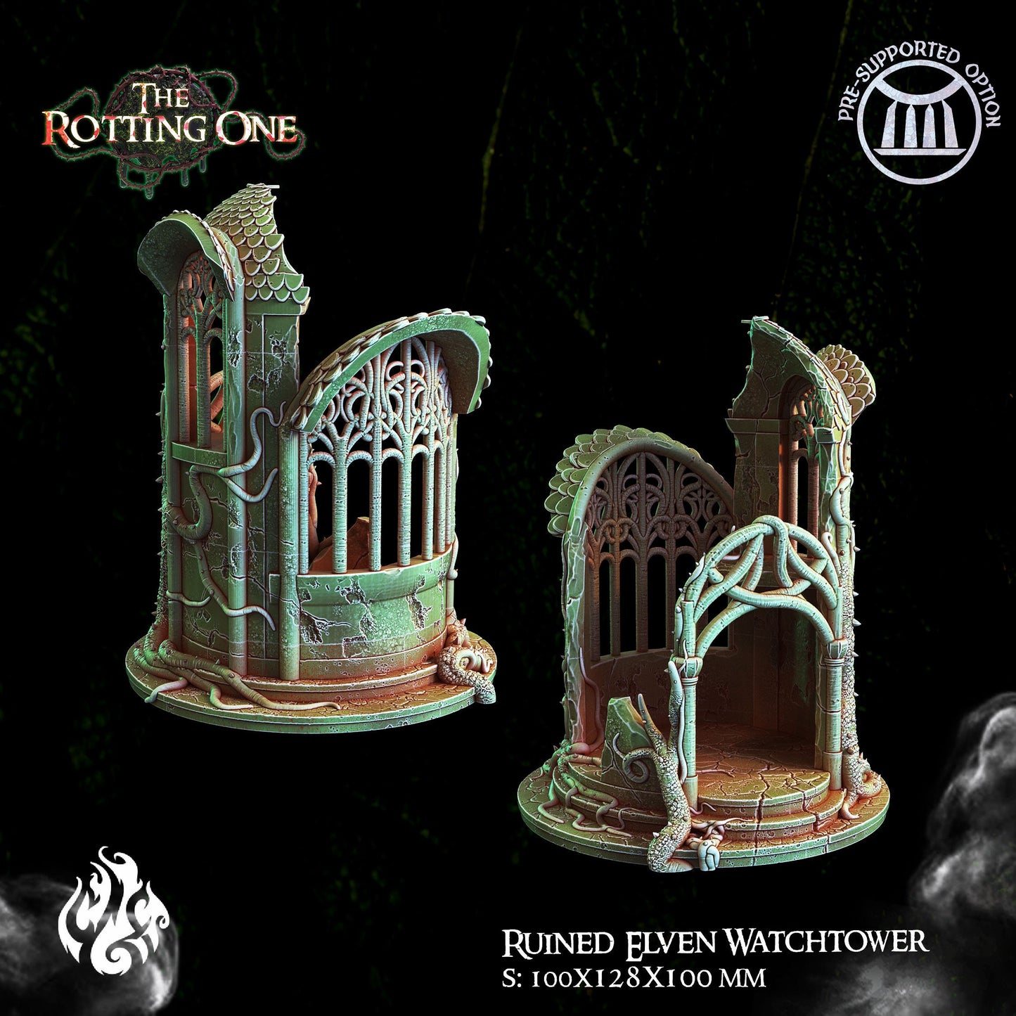 A detailed 3D-printed model of a ruined Elven watchtower for tabletop RPGs like DnD and Pathfinder. Features include intricate stone walls, elegant arches, and remnants of Elven craftsmanship. Perfect for fantasy and historical settings