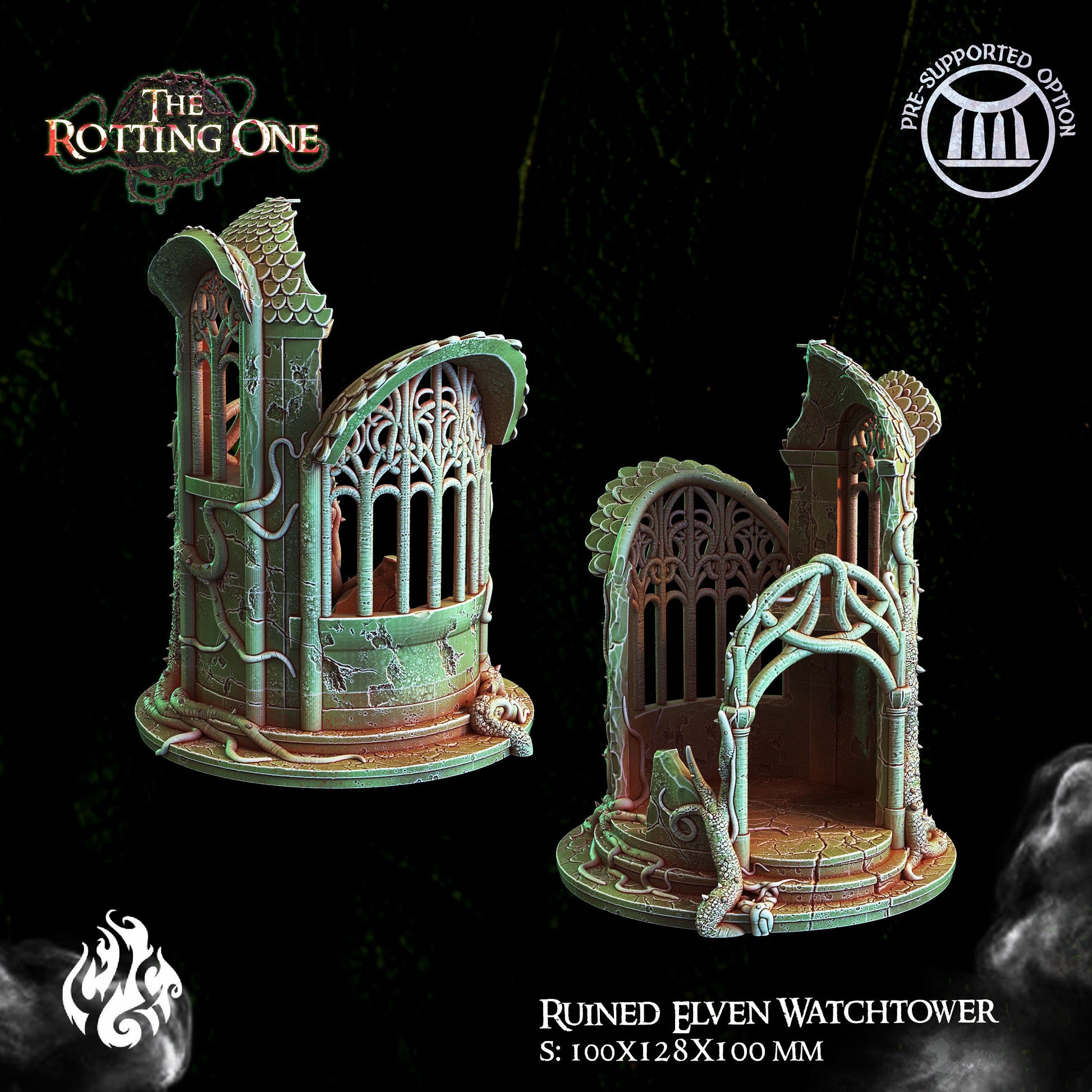 A detailed 3D-printed model of a ruined Elven watchtower for tabletop RPGs like DnD and Pathfinder. Features include intricate stone walls, elegant arches, and remnants of Elven craftsmanship. Perfect for fantasy and historical settings