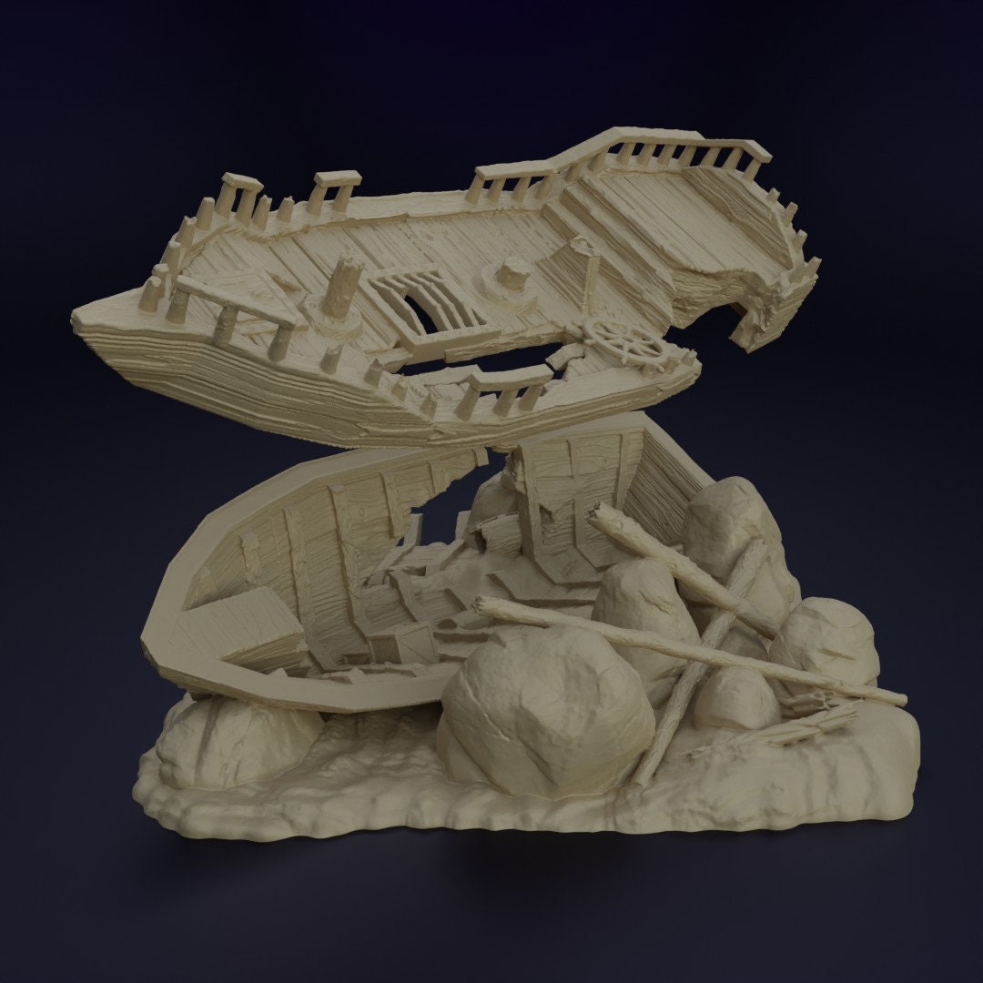 Galley Shipwreck, Small Shipwreck, Ashored Galley, Dungeons and Dragons, Shipwreck, Boat, wargaming, tabletop terrain, terrain, sea wreck, wreck, gaming, tabletop game