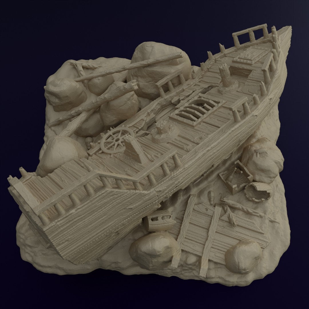 Galley Shipwreck, Small Shipwreck, Ashored Galley, Dungeons and Dragons, Shipwreck, Boat, wargaming, tabletop terrain, terrain, sea wreck, wreck, gaming, tabletop game
