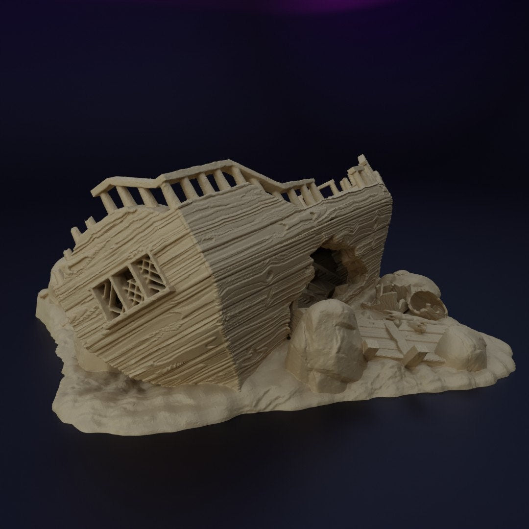Galley Shipwreck, Small Shipwreck, Ashored Galley, Dungeons and Dragons, Shipwreck, Boat, wargaming, tabletop terrain, terrain, sea wreck, wreck, gaming, tabletop game