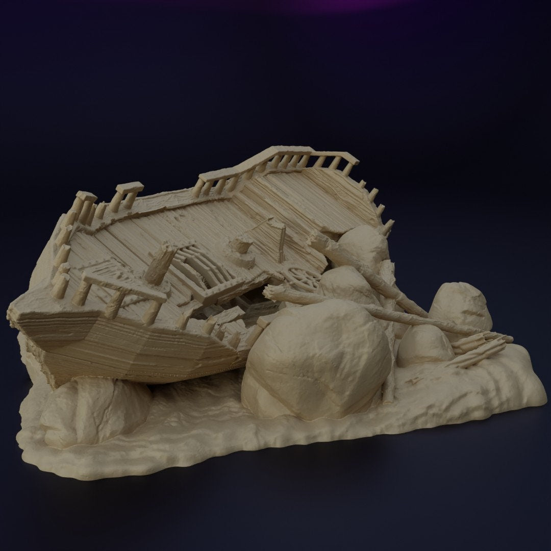 Galley Shipwreck, Small Shipwreck, Ashored Galley, Dungeons and Dragons, Shipwreck, Boat, wargaming, tabletop terrain, terrain, sea wreck, wreck, gaming, tabletop game