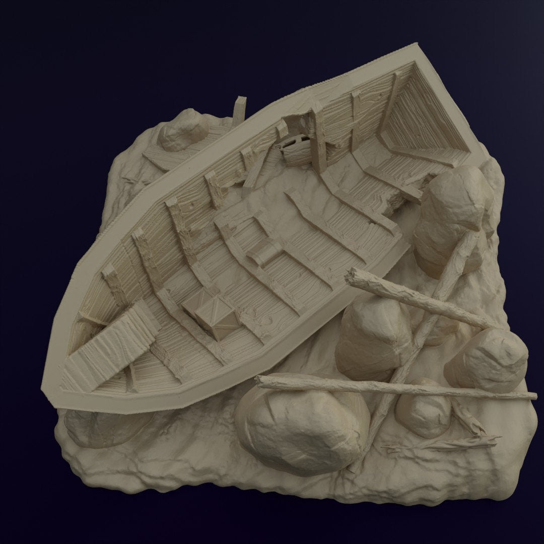 Galley Shipwreck, Small Shipwreck, Ashored Galley, Dungeons and Dragons, Shipwreck, Boat, wargaming, tabletop terrain, terrain, sea wreck, wreck, gaming, tabletop game