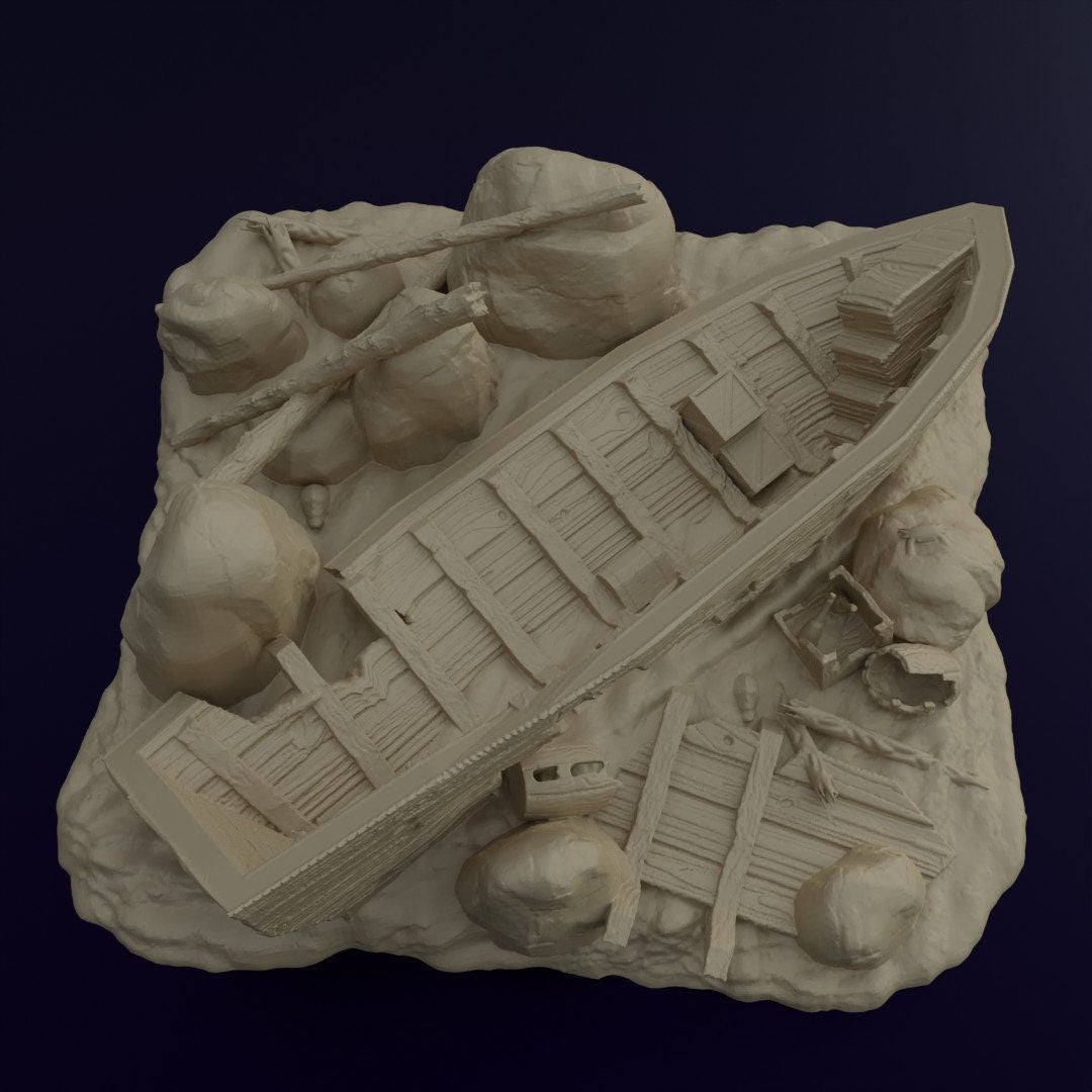 Galley Shipwreck, Small Shipwreck, Ashored Galley, Dungeons and Dragons, Shipwreck, Boat, wargaming, tabletop terrain, terrain, sea wreck, wreck, gaming, tabletop game