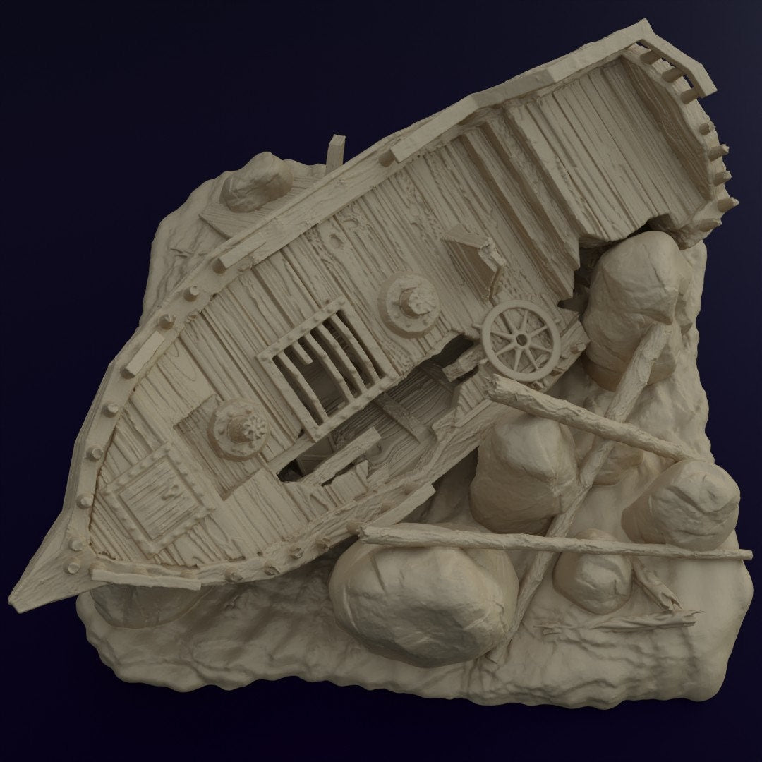 Galley Shipwreck, Small Shipwreck, Ashored Galley, Dungeons and Dragons, Shipwreck, Boat, wargaming, tabletop terrain, terrain, sea wreck, wreck, gaming, tabletop game