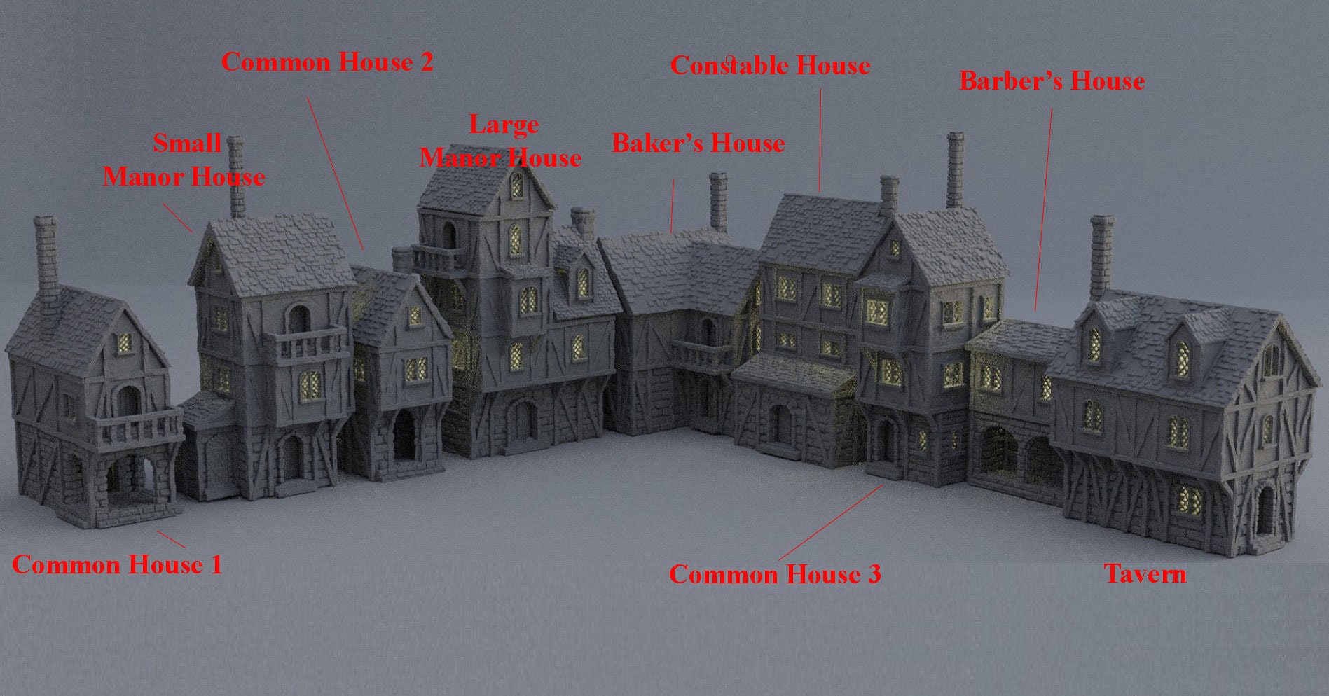 Detailed 28mm modular town district set for tabletop RPGs, featuring various buildings and modular components with intricate designs. Perfect for creating dynamic town scenes in games like D&D and Pathfinder.