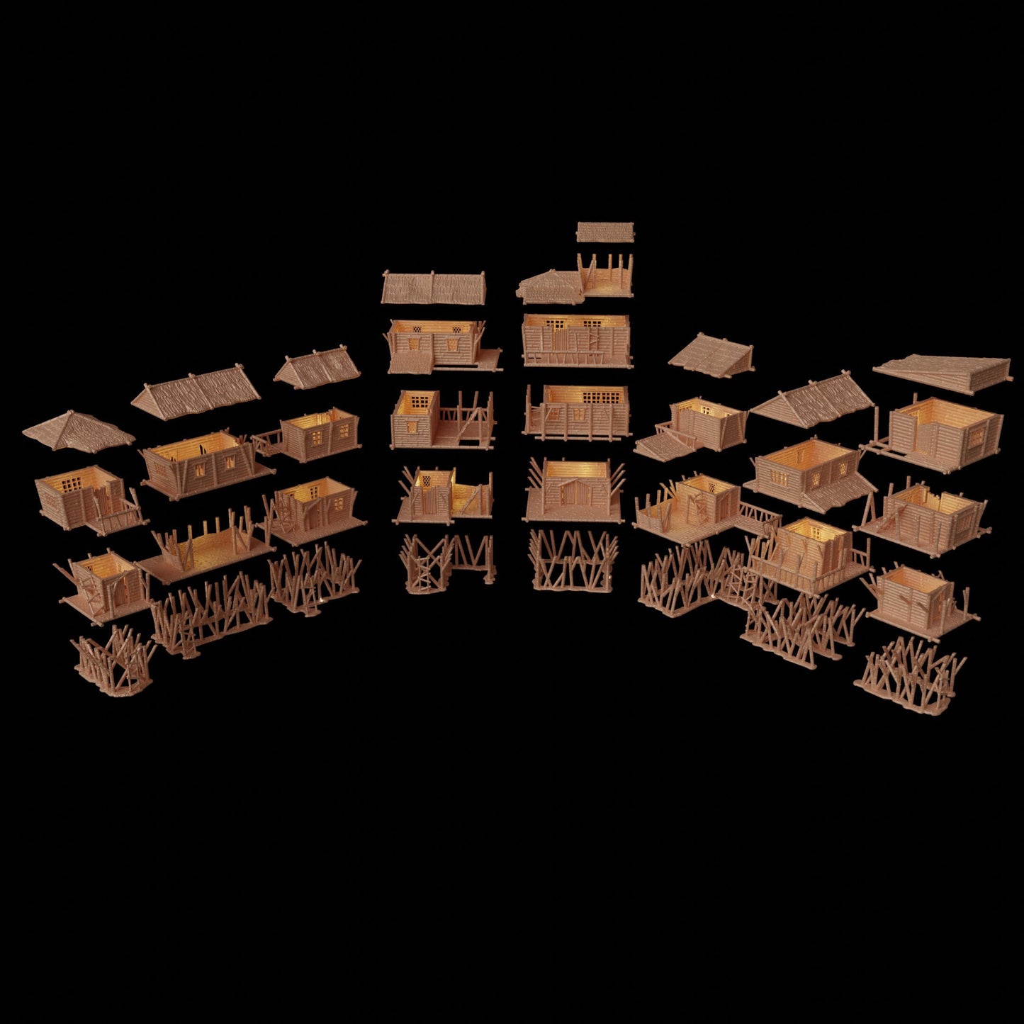 Eight multi-level marsh huts, intricately designed with wooden textures and stilted supports, perfect for medieval and fantasy tabletop games.