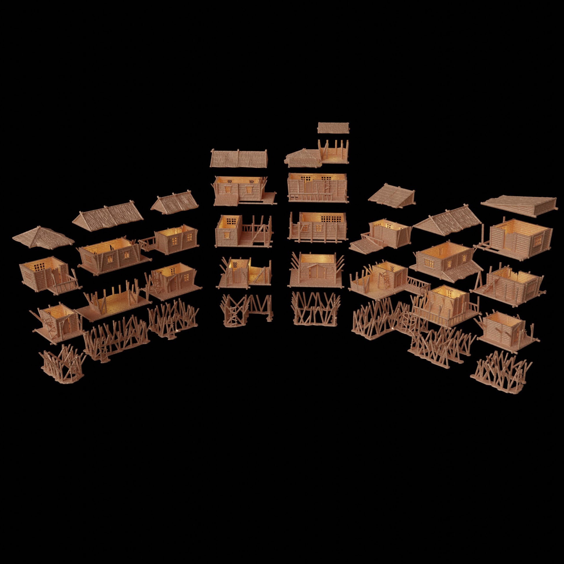 Eight multi-level marsh huts, intricately designed with wooden textures and stilted supports, perfect for medieval and fantasy tabletop games.