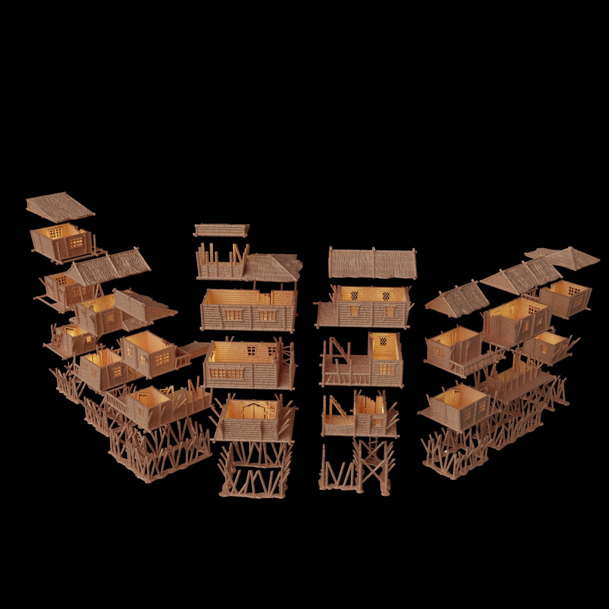 Eight multi-level marsh huts, intricately designed with wooden textures and stilted supports, perfect for medieval and fantasy tabletop games.