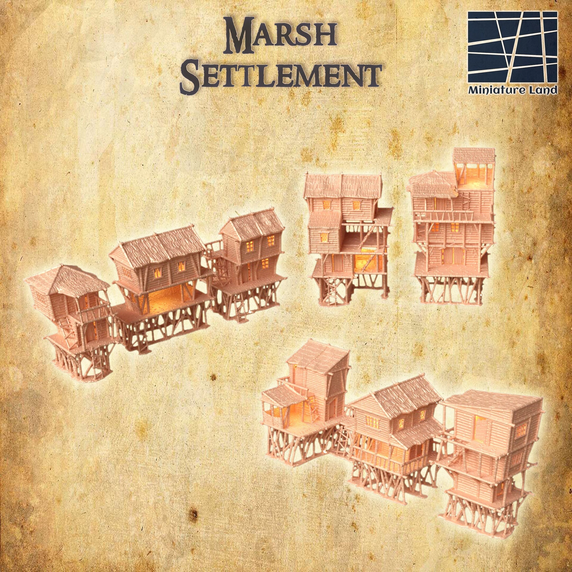 Marsh Settlement Set, 8 Buildings, multi floors, open, playable, marshlands,Wargaming, RPG Terrain, Gaming, church, worship, mountain, Wargame, Tabletop terrain, Tabletop, town, village, dungeons and dragons, terrain