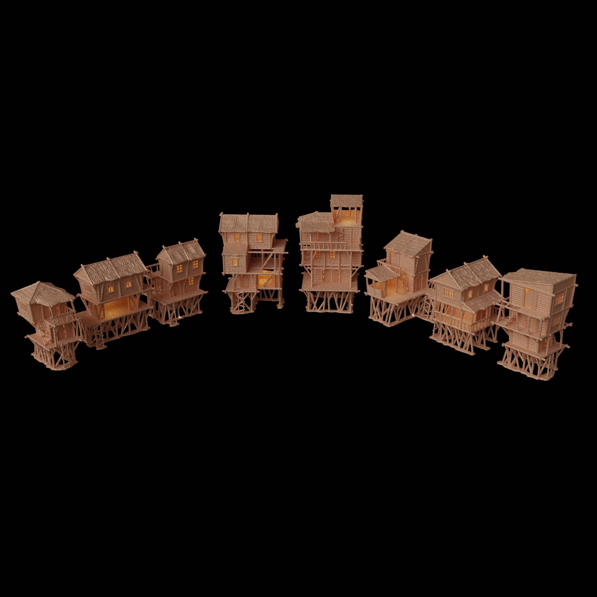 Eight multi-level marsh huts, intricately designed with wooden textures and stilted supports, perfect for medieval and fantasy tabletop games.