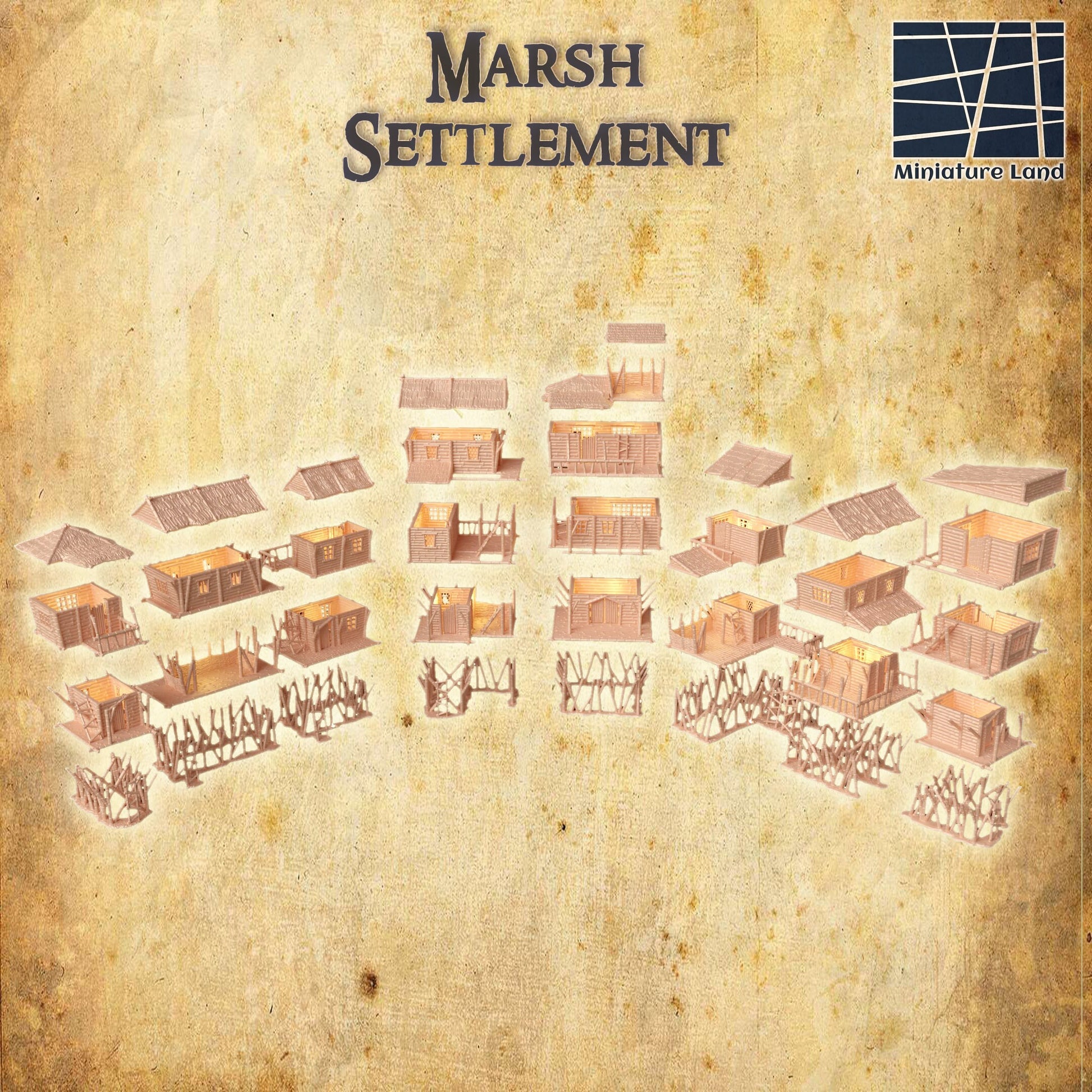 Marsh Settlement Set, 8 Buildings, multi floors, open, playable, marshlands,Wargaming, RPG Terrain, Gaming, church, worship, mountain, Wargame, Tabletop terrain, Tabletop, town, village, dungeons and dragons, terrain