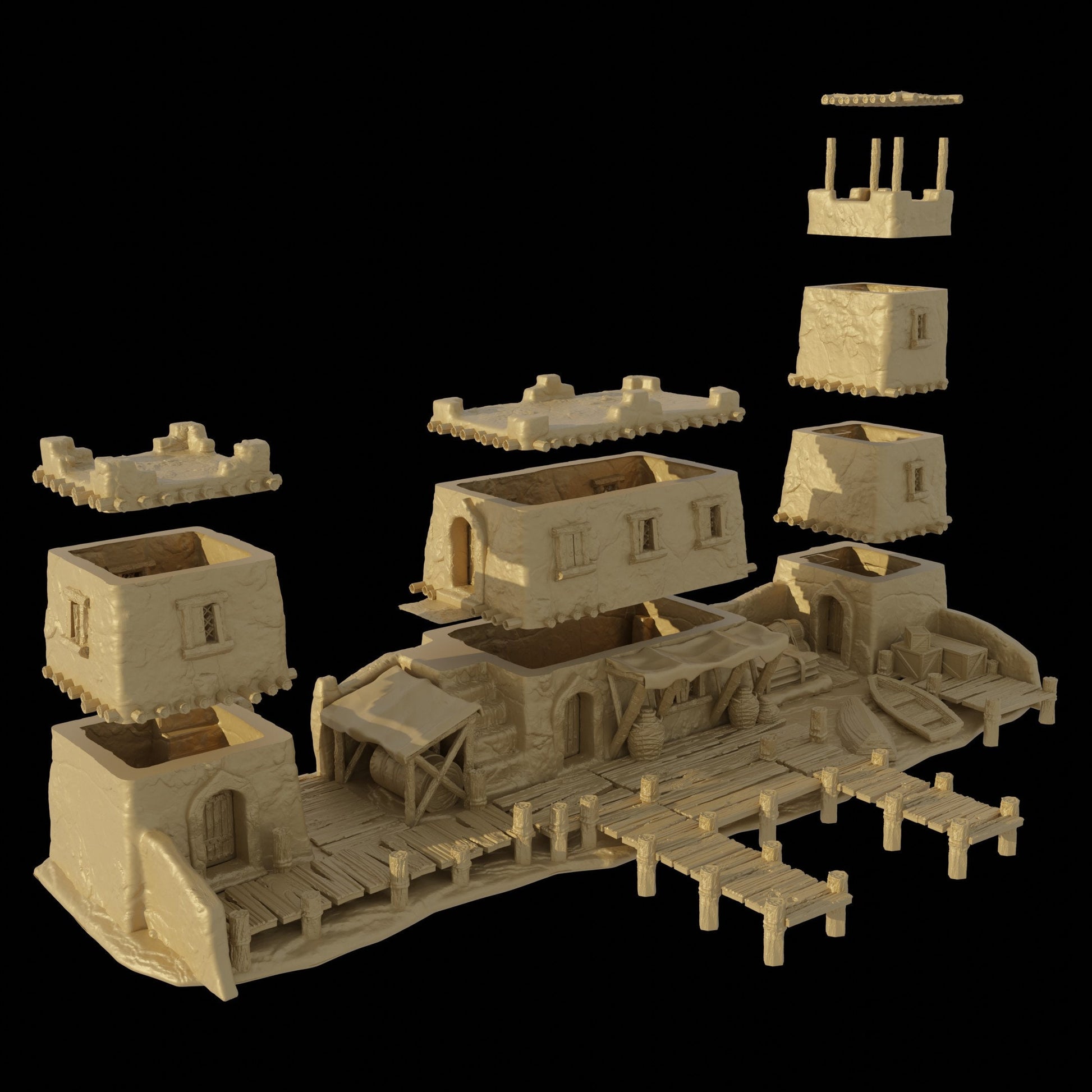 Detailed 28mm desert dock and port set for tabletop RPGs, featuring various buildings and dock structures with intricate designs. Perfect for creating immersive port scenes in games like D&D and Pathfinder.
