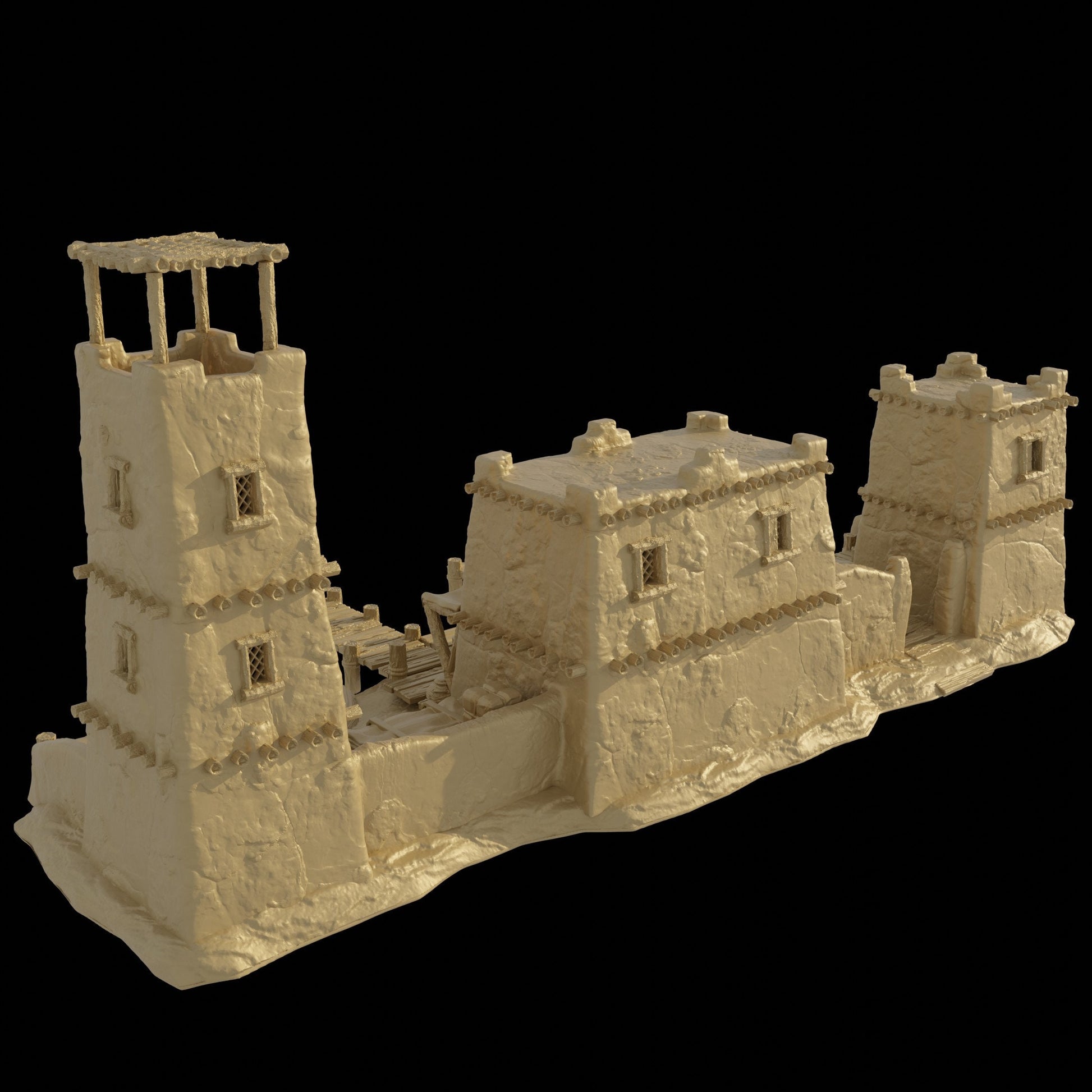 Detailed 28mm desert dock and port set for tabletop RPGs, featuring various buildings and dock structures with intricate designs. Perfect for creating immersive port scenes in games like D&D and Pathfinder.