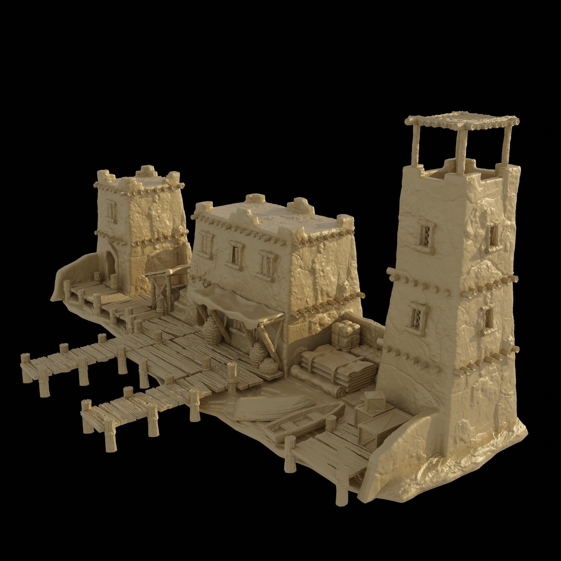 Detailed 28mm desert dock and port set for tabletop RPGs, featuring various buildings and dock structures with intricate designs. Perfect for creating immersive port scenes in games like D&D and Pathfinder.
