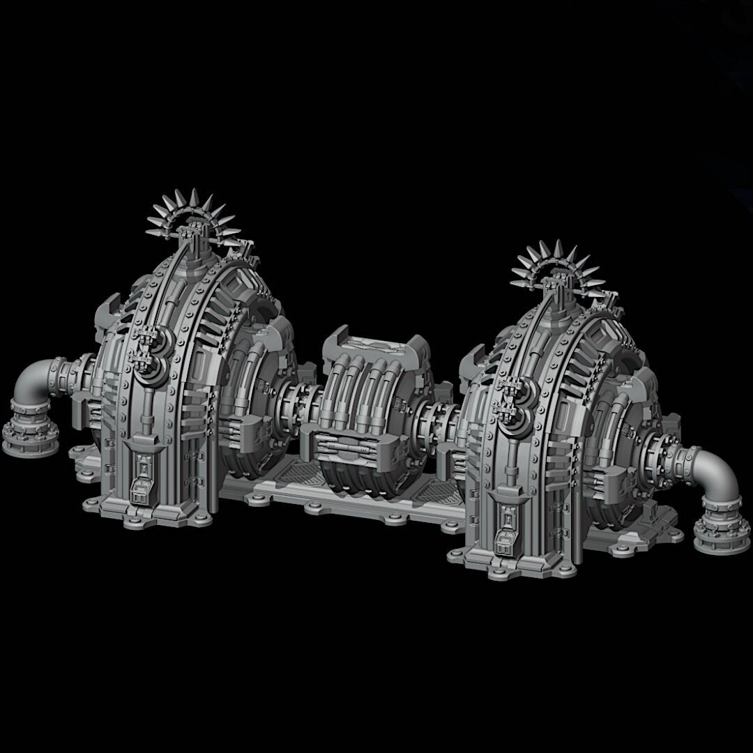 Massive power turbines pulse with purpose in a broken industrial hellscape. This grimdark generator stands at the center of war, mystery, or annihilation — what powers it… and what happens when it fails?