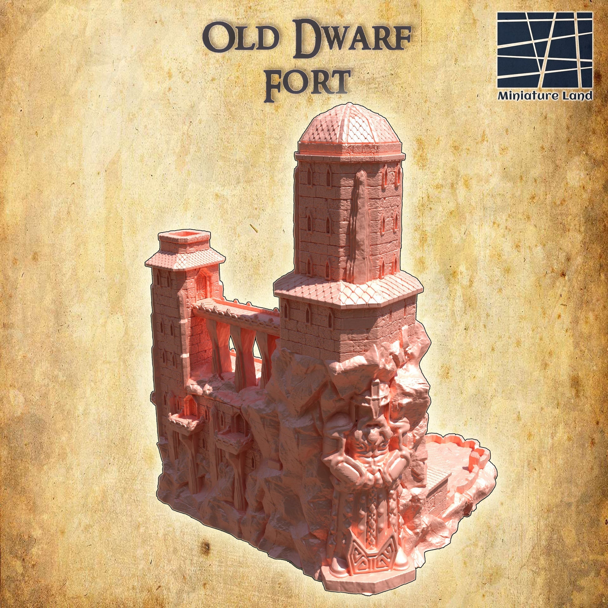 Old Dwarf Fort for tabletop wargaming, ancient dwarf fortress, DnD, Pathfinder, wargames, 3D printed PLA terrain, high-quality fort, realistic textures, strategic gameplay, RPG scenery.