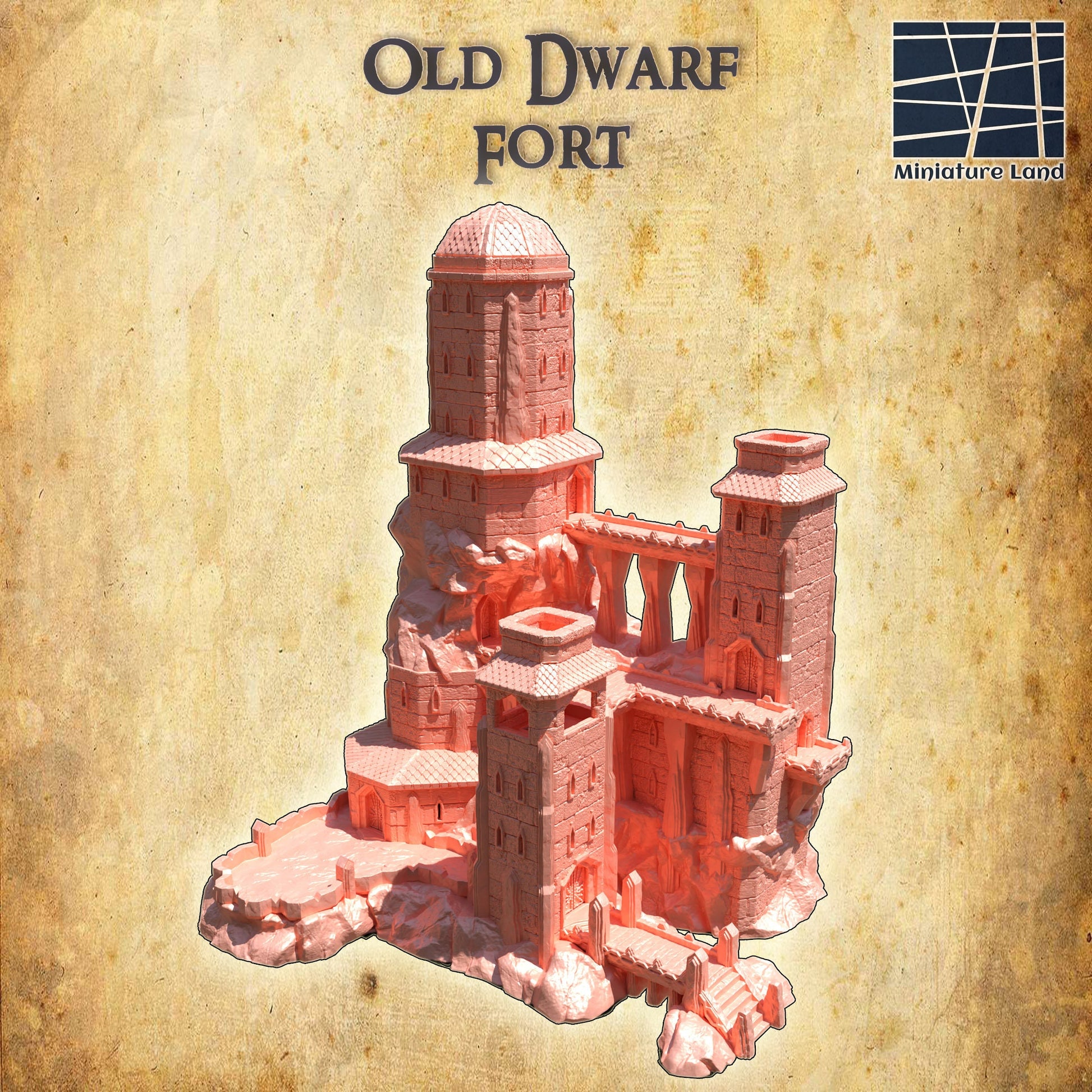 Old Dwarf Fort for tabletop wargaming, ancient dwarf fortress, DnD, Pathfinder, wargames, 3D printed PLA terrain, high-quality fort, realistic textures, strategic gameplay, RPG scenery.