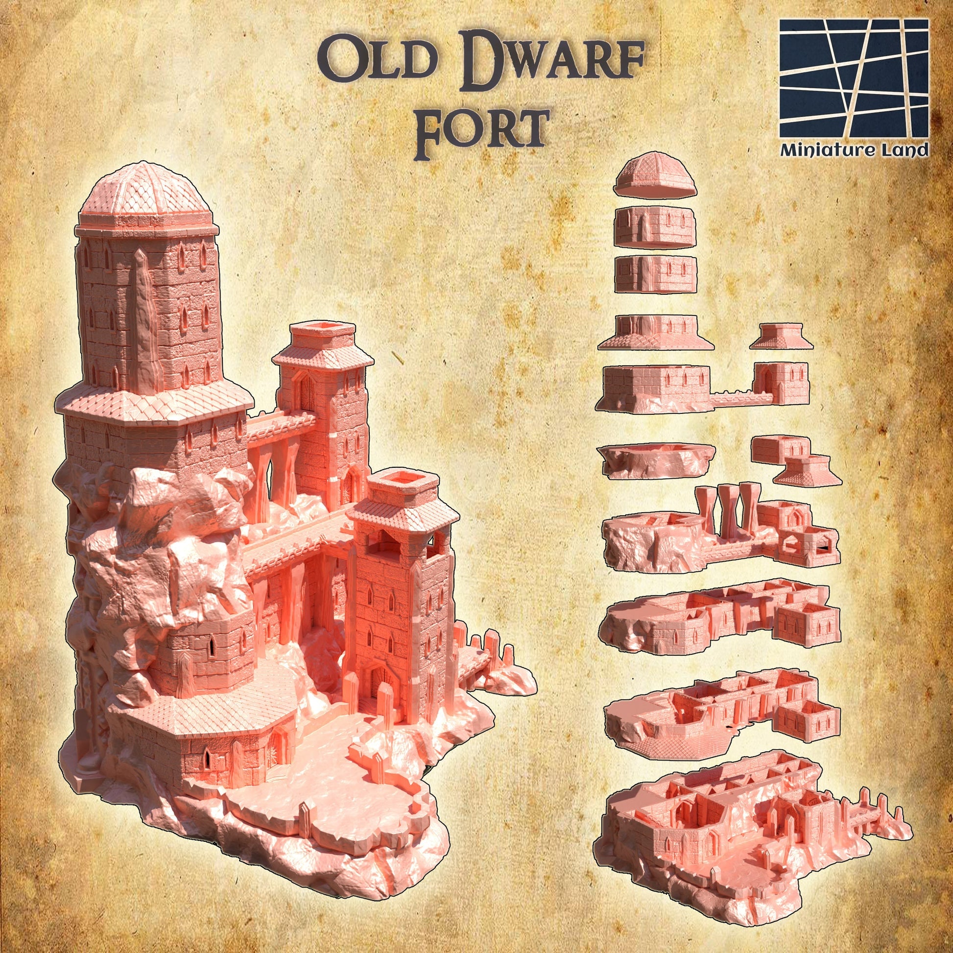 Old Dwarf Fort for tabletop wargaming, ancient dwarf fortress, DnD, Pathfinder, wargames, 3D printed PLA terrain, high-quality fort, realistic textures, strategic gameplay, RPG scenery.